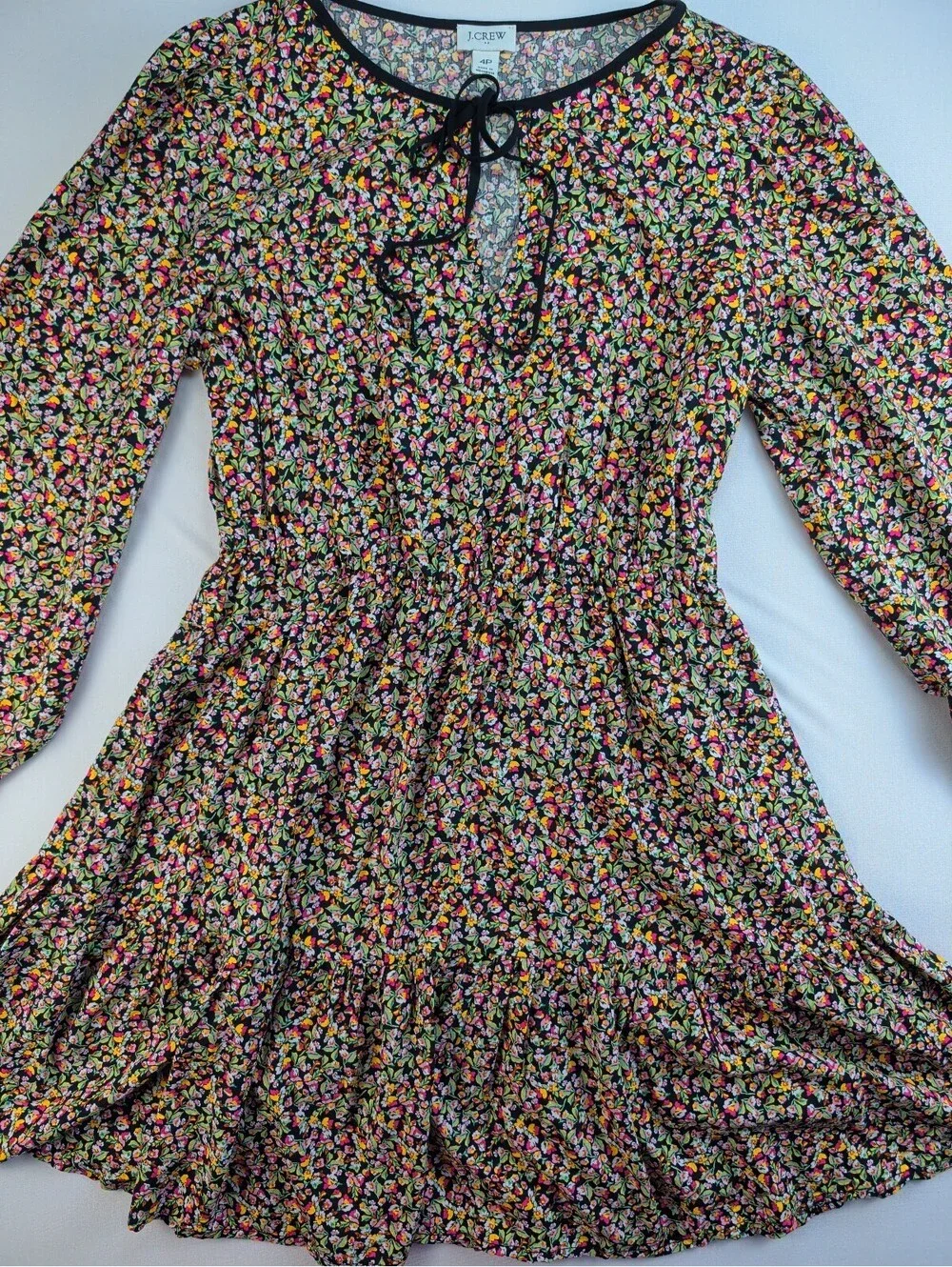 J. CREW Floral Ditsy Print Long Sleeve Tie Neck Mini Dress 4P